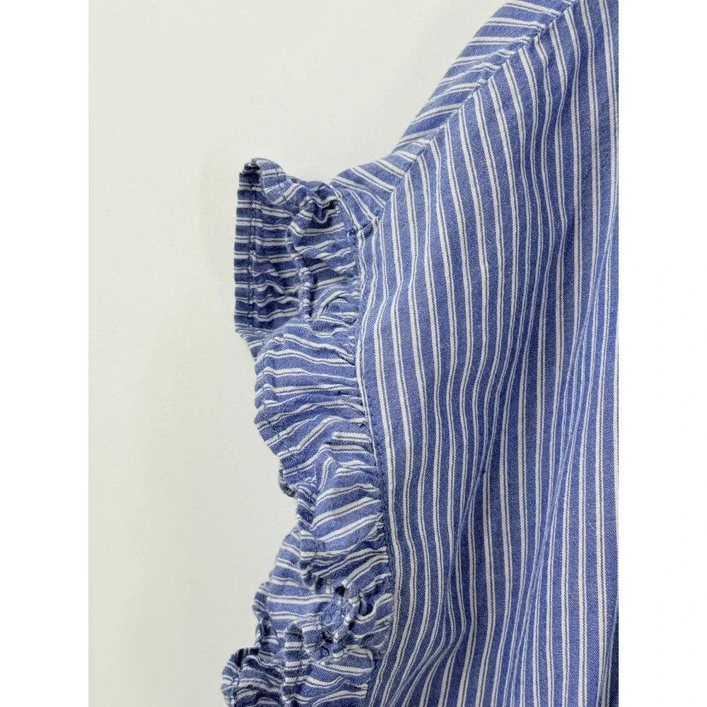 Beachlunchlounge Blue Striped Ruffle Button Down Shirt Womens sz L Beach preppy